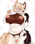 balls bangs cat_lingerie clothing crotchless_clothing crotchless_panties crotchless_underwear cutout fangs flaccid fur genitals gynomorph hair hair_over_eyes humanoid_genitalia humanoid_penis intersex licking licking_lips lingerie multicolored_body multicolored_fur navel nipple_cutouts nipples panties paw_pose penis pose pubes striped_body striped_fur stripes teeth tongue tongue_out underwear white_body white_fur pashapencil canid canine canis domestic_dog mammal 2025 hi_res
