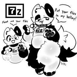 alternate_species ambiguous_gender anthro anthrofied biped black_body blep blush body_blush collar collar_only dialogue fluffy fluffy_tail furrification glistening glistening_pawpads lidded_eyes logo logo_on_clothing looking_at_viewer nude open_mouth pawpads paws slightly_chubby slightly_chubby_ambiguous slightly_chubby_anthro solo speech_bubble tail text tongue tongue_out white_body winteriris42 7-zip 1:1 absurd_res digital_drawing_(artwork) digital_media_(artwork) english_description english_text hi_res monochrome signature