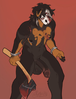 anthro axe balls big_balls big_penis black_body black_fur black_hair black_nipples black_penis blood blood_on_axe bodily_fluids brown_body brown_fur floppy_ears fur genitals glans grey_balls grey_body grey_fur grey_hair hair half-erect holding_axe holding_object holding_tool humanoid_genitalia humanoid_penis male mask melee_weapon multicolored_hair nipple_piercing nipple_ring nipples nude obscured_eyes penis piercing red_background red_glans ring_piercing simple_background solo standing tools two_tone_hair weapon seraphictiger canid canine canis domestic_dog mammal portrait signature three-quarter_portrait
