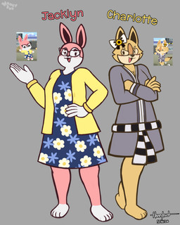 :3 anthro blush blush_lines bow_tie clothed clothing crossed_arms dress duo eyewear female floral_pattern fur glasses jacket looking_at_viewer pink_body pink_fur tan_body tan_fur tongue topwear white_body white_fur honeybud pixile_studios super_animal_royale charlotte_(honeybud) jacklyn_(honeybud) canid canine canis lagomorph leporid mammal rabbit super_bunny_(sar) super_desert_wolf_(sar) super_pink_bunny_(sar) super_wolf_(sar) wolf absurd_res hi_res reference_image