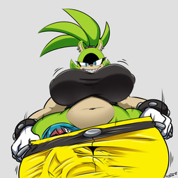 anthro big_breasts black_clothing black_shirt black_topwear blue_body blue_eyes blue_fur bottomwear breasts clothing countershading duo ear_piercing eyelashes female fur gloves green_body green_fur green_hair grin hair handwear huge_breasts inside_clothing larger_female male male/female nipple_outline pants piercing pupils shirt size_difference smaller_male smile tan_body tan_countershading tan_skin text thick_thighs topwear wide_hips yellow_bottomwear yellow_clothing yellow_pants conditional_dnp digitaldomain123 idw_publishing sega sonic_the_hedgehog_(comics) sonic_the_hedgehog_(idw) sonic_the_hedgehog_(series) kitsunami_the_fennec surge_the_tenrec afrosoricid canid canine fennec_fox fox mammal tenrec true_fox 1:1 2026 absurd_res artist_name hi_res signature