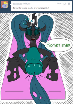 ageplay clothed clothing dialogue diaper diaper_under_clothing eyes_closed fangs female feral green_hair hair hole_(anatomy) horn infantilism insect_wings lying onesie pigtails quadruped roleplay snapsuit solo spread_legs spreading tail teeth text wearing_diaper wings crinklebottomchrysalis friendship_is_magic hasbro my_little_pony tumblr queen_chrysalis_(mlp) arthropod changeling_(mlp) 2013 english_text hi_res source_request