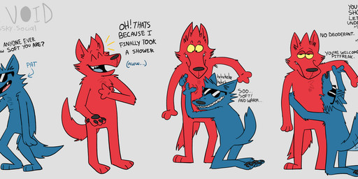 anthro armpit_fetish armpit_sniffing blue_body blue_fur dialogue duo feeling_around feeling_chest feeling_up fur hug hugging_another kneeling male male/male null pawpads paws red_body red_fur sniffing standing tail tail_motion tailwag text touching_chest srirachamander nile_(cattlechoir) pat_(cattlechoir) canid canine canis mammal wolf 2025 absurd_res comic digital_media_(artwork) english_text hi_res