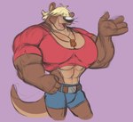 abs abstract_background anthro athletic athletic_anthro athletic_male biceps blonde_hair bottomwear brown_body brown_fur clothing crop_top denim denim_clothing fingers fur hair hair_over_eyes hand_on_hip hand_on_own_hip jewelry long_tail male midriff multicolored_body multicolored_fur muscular muscular_anthro muscular_male necklace open_mouth pecs pink_background shirt shorts simple_background solo tail tan_body tan_fur tongue topwear two_tone_body two_tone_fur whiskers joelasko my_bigger_boyfriend ocean_otter mammal mustelid otter 2023 digital_drawing_(artwork) digital_media_(artwork) hi_res