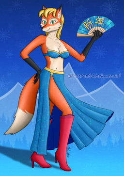 abstract_background anthro bangs biped blonde_hair blue_clothing blue_dress boots bra breasts cleavage clothed clothed_anthro clothed_female clothing dancer_outfit day dipstick_tail dress fan_(object) female female_anthro footwear fur green_eyes hair hand_on_hip high_heeled_boots high_heels holding_object legwear long_boots long_hair looking_at_viewer markings medium_breasts multicolored_body multicolored_fur orange_body orange_fur outside plantigrade pose red_boots red_clothing red_footwear red_legwear shoes smile solo standing strapless_bra strapless_clothing strapless_underwear tail tail_markings text three-quarter_view underwear rn64 miss_new_year soyuzmultfilm canid canine fox mammal 2025 absurd_res artist_name chinese_text digital_drawing_(artwork) digital_media_(artwork) english_text full-length_portrait hi_res pinup portrait shaded soft_shading watermark