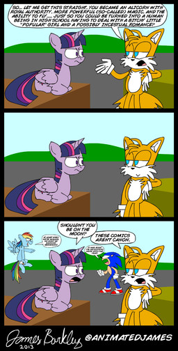 2013 angry animatedjames canine comic crossover cutie_mark dialog english_text equine female feral fox friendship_is_magic gloves green_eyes group hair hedgehog horn horse male mammal miles_prower multi-colored_hair my_little_pony pegasus pony purple_eyes purple_hair rainbow_dash_(mlp) sega shoes shouting sonic_(series) sonic_the_hedgehog text twilight_sparkle_(mlp) two_tone_hair weapon winged_unicorn wings
Rating: Safe
Score: 8
User: darknessRising
Date: November 29, 2013