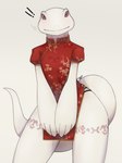 anthro asian_clothing chinese_clothing clothed clothing east_asian_clothing female leg_tattoo lizard_tail red_clothing red_eyes simple_background smile solo tattoo tattoo_on_neck white_body rizal_ok overlord_(series) crusch_lulu lizard lizardman reptile scalie absurd_res hi_res