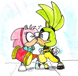 anthro clothed clothing duo eyes_closed female female/female fur gloves green_body hair hammer handwear kiss_on_lips kissing pink_body pink_fur simple_background surprise_kiss surprised tools toongrowner idw_publishing sega sonic_the_hedgehog_(comics) sonic_the_hedgehog_(idw) sonic_the_hedgehog_(series) amy_rose surge_the_tenrec eulipotyphlan hedgehog mammal hi_res painting_(artwork) watercolor_(artwork)