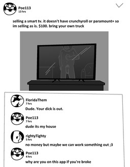 anthro dialogue electronics flaccid furniture genitals heart_on_butt humanoid_genitalia humanoid_penis humor internet male nude penis phone pubes simple_background social_media sofa solo table television text white_background opossumpaladin bat leaf-nosed_bat mammal microbat vampire_bat yangochiropteran english_text monochrome