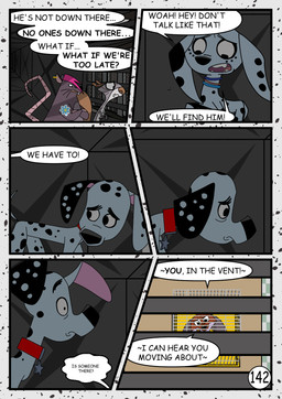 black_ear black_nose black_spots dialogue falling female feral flashlight freckled_face freckles fur grey_body grey_fur heterochromatic_ears leg_markings male markings red_helmet socks_(marking) speech_bubble spots text ventilation ventilation_shaft white_body white_fur white_spots redundantmodule 101_dalmatian_street 101_dalmatians disney big_fee_(101_dalmatians) dolly_(101_dalmatians) dylan_(101_dalmatians) fergus_(101_dalmatians) sid_(101_dalmatians) canid canine canis dalmatian domestic_dog fox mammal red_fox true_fox comic english_text hi_res