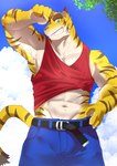 abs anthro belt blue_eyes bodily_fluids bottomwear brown_stripes clothing cloud eyebrows fur grin male multicolored_body multicolored_fur muscular muscular_anthro muscular_male pants pecs plant shirt sky smile solo striped_body striped_fur stripes sweat tan_body tan_fur tank_top thick_eyebrows topwear tree wiping_forehead yellow_body yellow_fur rotton morenatsu torahiko_(morenatsu) felid mammal pantherine tiger 2023 absurd_res colored hi_res