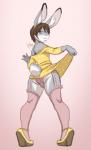 anthro biped bulge clothed clothing crossdressing femboy footwear garter_straps high_heels looking_at_viewer looking_back male panties shoes simple_background smile solo underwear wedge_(footwear) lavenderpandy logitech_(character) lagomorph leporid mammal rabbit digital_media_(artwork) hi_res