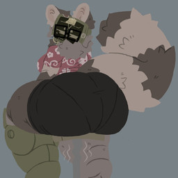 anthro big_breasts big_butt breasts butt butt_focus clothed clothing cybernetic_head cybernetic_leg cybernetic_limb cybernetics female for_a_head huge_butt huge_hips looking_back machine post-it_note sitting smile solo stool_breaking thick_thighs underwear_outline wide_hips theonlylou bo_(theonlylou) mammal procyonid raccoon 1:1 hi_res