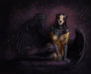 anthro areola black_body black_feathers black_fur black_hair breasts clothed clothing feathered_wings feathers female fur hair markings nipples solo spots spotted_body spotted_fur wings himeragoldtail felid leopard mammal pantherine 2020 digital_media_(artwork)