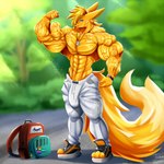 abs anthro backpack biceps big_bulge big_muscles bisexual_pride_colors blonde_hair blurred_background bottomwear bracelet bulge clothed clothing dog_tags flexing footwear fur hair huge_muscles jewelry lgbt_pride long_tail looking_at_viewer male muscular muscular_anthro muscular_arms muscular_male necklace obliques pants partially_clothed pecs plant pride_color_sticker pride_colors progress_pride_colors purple_eyes rainbow_pride_colors shoes solo standing sticker sweatpants tail ten_pack tree v-cut vein veiny_muscles vincian_pride_colors yellow_body yellow_fur taiko-sihori canid canine fennec_fox fox mammal true_fox 1:1 hi_res