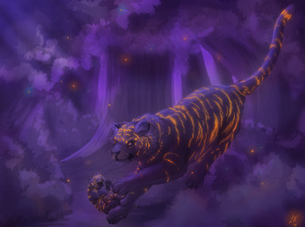 ambiguous_gender duo facial_markings feral fluorescent forest fur fur_markings glowing glowing_body glowing_fur glowing_tail grass head_markings looking_at_another markings multicolored_body multicolored_fur night outside paws plant purple_body purple_ears purple_fur purple_tail quadruped size_difference tail tail_markings tree two_tone_body two_tone_fur two_tone_tail yellow_body yellow_fur yellow_tail young gauntletspirit felid mammal pantherine tiger 2013 signature