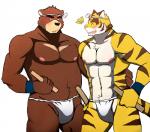 abs anthro asian_clothing biceps brown_body brown_fur clothed clothing duo east_asian_clothing eyebrows fundoshi fur japanese_clothing male muscular muscular_male nipples pecs thick_eyebrows topless underwear wristband bearlovestiger13 morenatsu juuichi_mikazuki torahiko_(morenatsu) bear felid mammal pantherine tiger