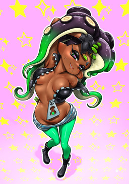 big_breasts breasts clothed clothing female fingerless_gloves gloves grin handwear looking_at_viewer navel navel_piercing not_furry open_clothing open_shirt open_topwear pattern_background piercing pseudo_hair shirt simple_background smile solo star-shaped_background star_polygon tentacle_hair tentacles topwear wardrobe_malfunction koharuno2 nintendo splatoon marina_(splatoon) aquatic cephalopod humanoid mollusk octarian octoling hi_res
