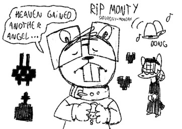 anthro bell beret clothing collar duo eyewear female glasses grave hat headgear headwear mourning rectangular_glasses speech_bubble wahlgo tamagotchi robot_(wahlgo) zelda_(wahlgo) beaver canid canine canis domestic_dog mammal rodent monochrome sketch