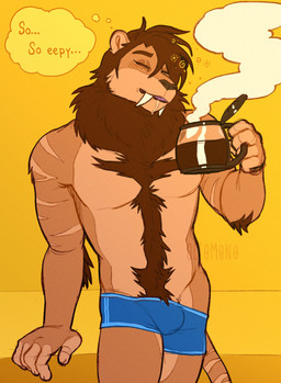 anthro athletic athletic_anthro athletic_male belly_hair beverage big_fangs blue_bottomwear blue_clothing bodily_fluids body_hair bottomwear brown_hair brown_mane bulge chest_hair clothing coffee drooling eyes_closed fangs front_view fur hair male mane orange_body orange_fur pubes saliva short_hair simple_background solo standing teeth thought_bubble yellow_background 0ct0m0n0 felid mammal absurd_res hi_res portrait three-quarter_portrait