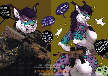 acog_scope anthro barrel breasts bulletproof butt camo camo_clothing camo_print camo_topwear clothing dialogue female fur gear gloves gun handwear holding_assault_rifle holding_gun holding_object holding_ranged_weapon holding_weapon load looking_at_viewer looking_back looking_back_at_viewer nude nude_female patreon_username pattern_clothing pattern_topwear presenting presenting_hindquarters ranged ranged_weapon rifle rifles scope solo speech_bubble tactical tactical_gear text topwear vest weapon white_body white_fur yellow_eyes jeanwoof armalite felid feline humanoid hybrid lynx mammal mustelid musteline english_text url