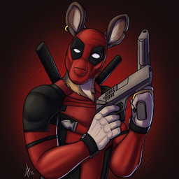 alternate_species ambiguous_gender black_claws bodysuit brown_body brown_fur claws clothing ear_piercing ear_ring finger_claws fur furrification gun holding_gun holding_object holding_ranged_weapon holding_weapon inner_ear_fluff mask melee_weapon notched_ear obscured_eyes obscured_face pattern_background piercing ranged_weapon red_bodysuit red_clothing red_mask red_skinsuit ring_piercing simple_background skinsuit solo sword sword_on_back tight_clothing tuft weapon wearing_mask white_inner_ear_fluff hufnaar marvel deadpool kangaroo macropod mammal marsupial 1:1 2020 dated