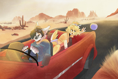 5_fingers anthro bangs black_eyebrows black_eyes black_hair blonde_hair blush blush_lines bottomwear brown_nose cactus cheek_tuft claws closed_frown clothed clothed_anthro clothed_female clothed_male clothing convertible crop_top day dipstick_ears driving driving_car duo ear_markings ear_tuft eyebrow_through_hair eyebrows eyewear eyewear_on_head facial_tuft female female_anthro fern finger_claws fingers fluffy fluffy_tail frown fully_clothed fully_clothed_anthro fully_clothed_female fur furrowed_eyebrows glasses glasses_on_head grey_nose hair hat hat_flying_off headgear headwear light male male_anthro markings medium_hair midriff mountain mouth_closed multicolored_ears orange_clothing orange_crop_top orange_shirt orange_topwear outside plant ponytail purple_bottomwear purple_clothing purple_hair_bow purple_hat purple_headwear purple_skirt red_car road rock saguaro shirt short_hair sitting sitting_in_car skirt sky tail tan_sky topwear translucent translucent_hair tuft two_tone_tail white_body white_claws white_ear_tips white_fur white_tail yellow_tail wolflly10 daisy_(wolflly10) canid canine canis mammal red_wolf wolf 2024 absurd_res colored digital_drawing_(artwork) digital_media_(artwork) hi_res lighting shaded spanish_description