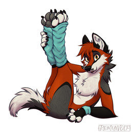anthro black_nose chest_tuft claws clothing female fur grey_body grey_fur grey_pawpads leg_warmers leg_warmers_only legs_up legwear looking_at_viewer orange_body orange_fur pawpads solo tuft white_body white_fur remywolf remy_(remywolf) canid canine canis mammal wolf