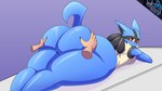 anthro big_butt blue_body blue_fur butt disembodied_hand duo fur huge_butt male nude simple_background solo_focus thiccbuns nintendo pokemon canid canine generation_4_pokemon human lucario mammal pokemon_(species) hi_res