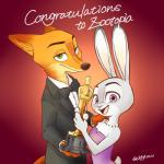 1:1 2017 academy_awards anthro award bare_shoulders black_tie_(suit) bow_(feature) bow_tie buckteeth canid canine chigico_u clothed clothing disney dress duo female fox fur gradient_background green_eyes grey_body grey_fur half-length_portrait hand_on_shoulder happy hi_res holding_award holding_object holding_oscar_statuette inner_ear_fluff jewelry judy_hopps lagomorph leporid looking_at_viewer male mammal necklace nick_wilde open_mouth open_smile oscar_statuette portrait purple_eyes rabbit red_fox simple_background smile suit teeth true_fox tuft zootopia