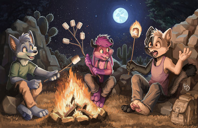 3_toes 4_toes anthro backpack barefoot blue_pawpads cactus campfire candy claws dessert feet food genetic_chimerism group marshmallow moon night pawpads paws pink_pawpads plant plantigrade soles toes trio pandapaco canid canine canis domestic_cat felid feline felis lagomorph leporid mammal rabbit wolf