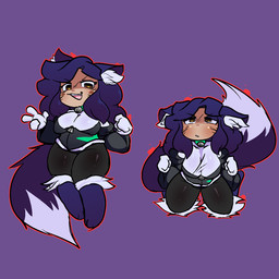 anthro begging bell bell_collar breasts collar ears_down exposed_breasts fangs female fur hair paws pivoted_ears purple_hair solo submissive tail teeth thick_tail thick_thighs kirbonix madeline_whimsicott 1:1 hi_res