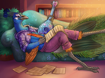 ambiguous_gender anthro avian_feet beak black_beak black_claws blue_body blue_feathers book claws clothed clothing detailed_background evening feathers furniture green_body green_feathers humanoid_hands inside loose_feather lounging lute musical_instrument paper plucked_string_instrument quill sofa solo string_instrument writing_text skidarstudios avian bird galliform peafowl phasianid 4:3 hi_res
