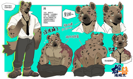 abs accessory anthro band-aid band-aid_on_face bandage bandage_on_face biceps bottomwear brown_body brown_fur clothing dialogue expressions fur green_eyes hair heterochromia male markings muscular muscular_male necktie nipples one_eye_closed pants scar shirt shirtless_male solo spots spotted_body spotted_fur standing topwear undressing white_eyes arun_six hyena mammal absurd_res hi_res