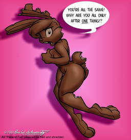 angry anthro bite_mark bite_taken breasts butt candy candy_gore chocolate chocolate_bunny copyright_symbol dessert female female_prey food gore hand_between_legs hand_on_breast hard_vore humor looking_at_viewer nude pink_background simple_background solo symbol text vore eric_schwartz furafterdark food_creature lagomorph leporid living_candy living_chocolate mammal rabbit 2001 digital_media_(artwork) english_text