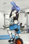 anthro athletic athletic_anthro athletic_male athletic_wear black_body black_skin blue_body blue_eyes blue_fur blue_hair bottle bottomwear choker clothed clothed_anthro clothed_male clothing container crop_top exercise exercise_bike femboy fur gym gym_bottomwear gym_shorts hair holding_bottle holding_container holding_object inside jewelry looking_at_viewer looking_back looking_back_at_viewer male necklace shirt shorts solo three-quarter_view topwear water_bottle white_body white_fur jaggiekant just_do_it pewt_(synpentane) lagomorph leporid mammal rabbit hi_res