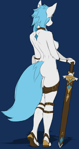 accessory anthro clothed clothing collar fantasy female footwear garter magic melee_weapon nude rear_view royalty sandals shoes solo suggestive sword weapon snowiefeather canid canine canis fox hybrid mammal wolf alpha_channel
