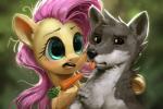 2019 3:2 ambiguous_gender assasinmonkey black_eyebrows black_eyes black_nose canid canine canis carrot countershade_face countershade_torso countershading digital_media_(artwork) digital_painting_(artwork) duo equid equine eyebrows eyelashes feral fluttershy_(mlp) food friendship_is_magic fur grey_body grey_fur hasbro hooves mammal mane my_little_pony open_mouth pink_mane plant sandra_(mlp) tongue tongue_out vegetable white_body white_countershading wolf yellow_body yellow_ears