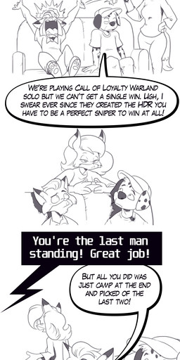 anthro controller dialogue female furniture game_controller group husband_and_wife male married_couple sofa speech_bubble text trio nauyaco forestdale austin_burnside_(forestdale) mark_kendricks_(forestdale) rita_kendricks_(forestdale) canid canine canis dalmatian domestic_dog fox mammal 2025 absurd_res comic english_text hi_res url