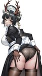 antlers apron black_clothing black_eyes black_hair black_underwear brown_clothing brown_gloves brown_handwear butt clothing female gloves hair handwear heart_clothing heart_symbol heart_underwear horn legwear looking_at_viewer maid_uniform presenting presenting_hindquarters simple_background smile solo stockings underwear uniform white_background mili_(pixiv24297867) arknights hypergryph studio_montagne tsukinogi_(arknights) animal_humanoid deer deer_humanoid humanoid mammal mammal_humanoid 2021 absurd_res hi_res