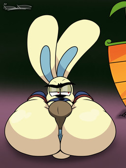 anthro anus big_butt black_nose brown_eyes bulge butt fur half-closed_eyes legs_up long_ears looking_away lying male melee_weapon narrowed_eyes on_back presenting presenting_hindquarters rear_view scut_tail short_tail solo sword tail tan_body tan_ears tan_fur tan_tail thick_thighs weapon sinnerbunny mighty_magiswords hoppus lagomorph leporid mammal rabbit 2025 3:4 digital_media_(artwork) hi_res signature