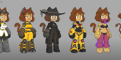 alternate_costume anthro armor breasts brown_hair cannon clothed clothing cosplay crossover_cosplay drunk eyewear eyewear_on_head female fingerless_gloves fur glasses gloves goggles goggles_on_head gun hair handcannon handwear harem_outfit hat headgear headwear ponytail ranged_weapon simple_background smile solo substance_intoxication tail weapon whiskers theartofsilent bloodborne castle_crashers deep_rock_galactic fromsoftware gameoverse ghost_ship_games glitch_productions helltaker nintendo pokemon ratchet_and_clank shantae_(series) sony_corporation sony_interactive_entertainment wayforward kit_bodega lucifer_(helltaker) pokemon_trainer ratchet_(ratchet_and_clank) shantae domestic_cat felid feline felis mammal 2026 crossover digital_media_(artwork) hi_res model_sheet