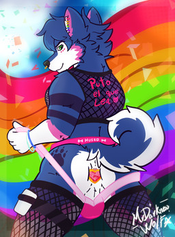 butt clothing clothing_stretching crop_top ear_piercing gauged_ear jewelry jockstrap lgbt_pride male piercing plug_(jewelry) plug_(sex_toy) presenting pride_color_flag pride_colors rear_view sex_toy shirt topwear underwear mrdarknesswolf lgbt_pride_month neillen canid canine canis domestic_dog husky mammal nordic_sled_dog spitz hi_res