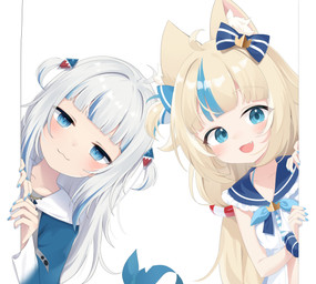 accessory ahoge animal_ears blonde_hair blue_clothing blue_coat blue_eyes blue_nails blue_topwear blush bow_(feature) bracelet cat_smile clothing coat collarbone colored_nails dress fangs female fluffy_ears hair hair_accessory half-closed_eyes happy highlights_(coloring) jewelry long_hair nails narrowed_eyes open_mouth simple_background teeth topwear white_background white_clothing white_dress white_hair young young_female young_humanoid snmdx hololive hololive_en vtuber gawr_gura sameko_saba_(vtuber) animal_humanoid cat_humanoid felid felid_humanoid feline feline_humanoid humanoid mammal mammal_humanoid absurd_res hi_res