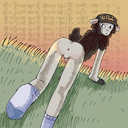 anthro anus balls brown_body brown_fur butt calm clothed clothing dialogue flaccid footwear fur genitals grass hair half_naked hat headgear headwear hooves humanoid_genitalia humanoid_penis indecisive legwear looking_at_viewer male male/male outside penis plant presenting presenting_hindquarters skinny sky small_tail socks solo stockings sunset tail text thinking thoughts unsure walking_away white_body white_fur young young_anthro yoshreveluv yoshua_(yoshreveluv) bovid caprine mammal sheep digital_media_(artwork)