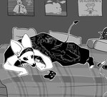 alternative_fashion anthro bed bedding bedroom blanket cellphone cheek_tuft clothing controller ear_piercing ear_ring electronics facial_tuft fingerless_gloves footwear furniture game_controller gloves handwear kerchief knife lying lying_on_bed male on_bed on_front phone piercing punk ring_piercing smartphone socks solo spade_tail tail tuft wide_eyed xbox_controller sinsquest microsoft xbox xbox_game_studios sins_(sinsquest) bat mammal hi_res monochrome trans_(lore) trans_man_(lore)