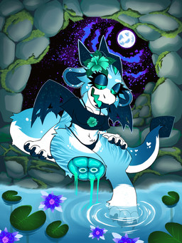 accessory anthro big_ears black_claws black_clothing black_crop_top black_shirt black_thong black_topwear black_underwear blood blood_drip blue_blood blue_eyeshadow blue_flesh blue_stripes bodily_fluids bone bra_strap breasts cave cavern cheek_tuft claws cleavage clothed clothing colored_blood crop_top cute_fangs detailed_background dripping eyebrows eyelashes eyeshadow facial_tuft fangs female female_anthro flower flower_in_hair foot_in_water full_moon fur gore hair hair_accessory hand_on_leg hand_on_thigh healing_magic heart_(marking) hibiscus hip_tuft leaf leg_tuft lily_pad looking_pleasured makeup markings mascara medium_breasts missing_leg moon moss multicolored_body multicolored_fur navel night open_mouth open_smile pantsless paws plant pond pupils purple_flower purple_sky relieved round_ears severed_body_part severed_leg severed_limb shirt sky slit_pupils small_waist smile solo spade_tail spots star starry_sky stripes tail tail_tuft teal_eyes teal_tongue teeth thick_tail thick_thighs thong tongue toony topwear torn_wing tuft underwear unusual_blood unusual_bodily_fluids water water_ripple white_eyebrows white_paws white_spots wings wounded kittyhybrid mythology nixie_(kittyhybrid) dragon furred_dragon furred_kobold furred_scalie kobold mythological_creature mythological_scalie scalie 2025 3:4 hi_res line_art