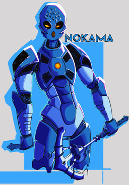 ambiguous_gender armor blue_body blue_eyes eyelashes fingers headgear holding_object holding_weapon looking_away machine mask melee_weapon mouthless not_furry simple_background solo standing text weapon white_background yellow_eyes domonomins bionicle lego nokama humanoid robot robot_humanoid toa 2025 digital_drawing_(artwork) digital_media_(artwork) english_text hi_res