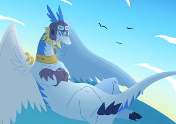 ambiguous_gender anthro aviator_cap blonde_hair blue_eyes claws clothing cloud crossed_arms eyewear feathered_wings feathers furgonomics furry-specific_piercing gloves goggles hair handwear jewelry necklace outside piercing simple_background sky smile solo wing_piercing wings ginryuumaru legendz mythology shiron dragon mythological_creature mythological_scalie scalie windragon digital_media_(artwork) hi_res