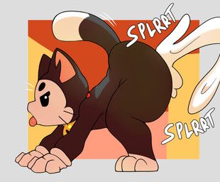 anthro big_butt black_body bodily_fluids butt cum cum_inflation cum_inside genital_fluids huge_butt hyper hyper_butt inflation leaking_cum male simple_background solo thick_thighs tongue tongue_out baudelario cheenieboi brawl_stars supercell_(company) kit_(brawl_stars) absurd_res hi_res